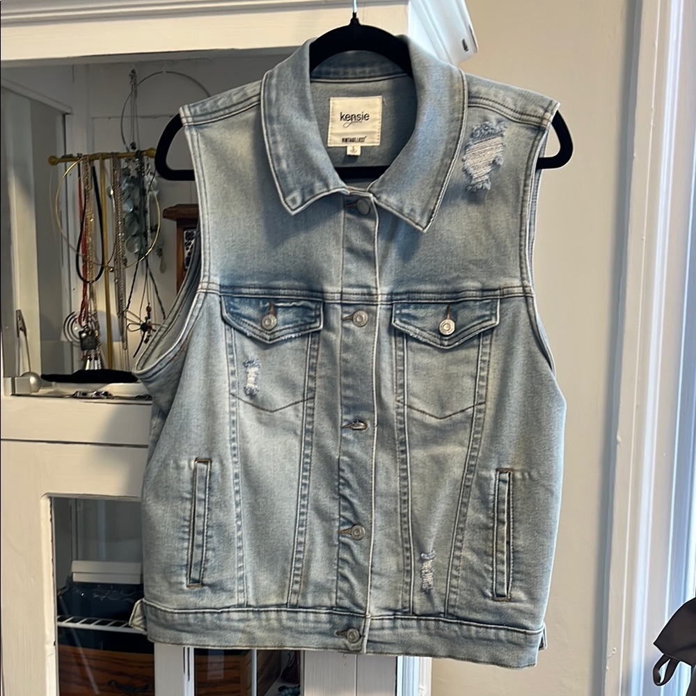 Sale! Kensie Faded Blue Denim Vest - Distressed look.  Large